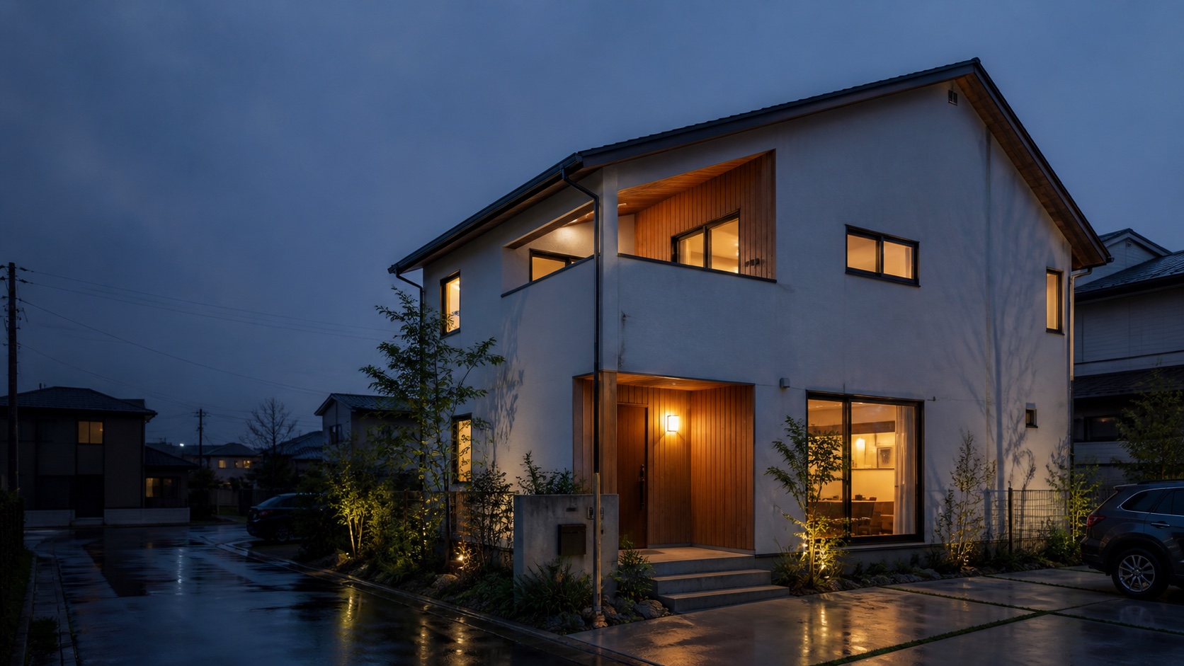 夕暮れの住宅街に建つ木を生かした白い家
