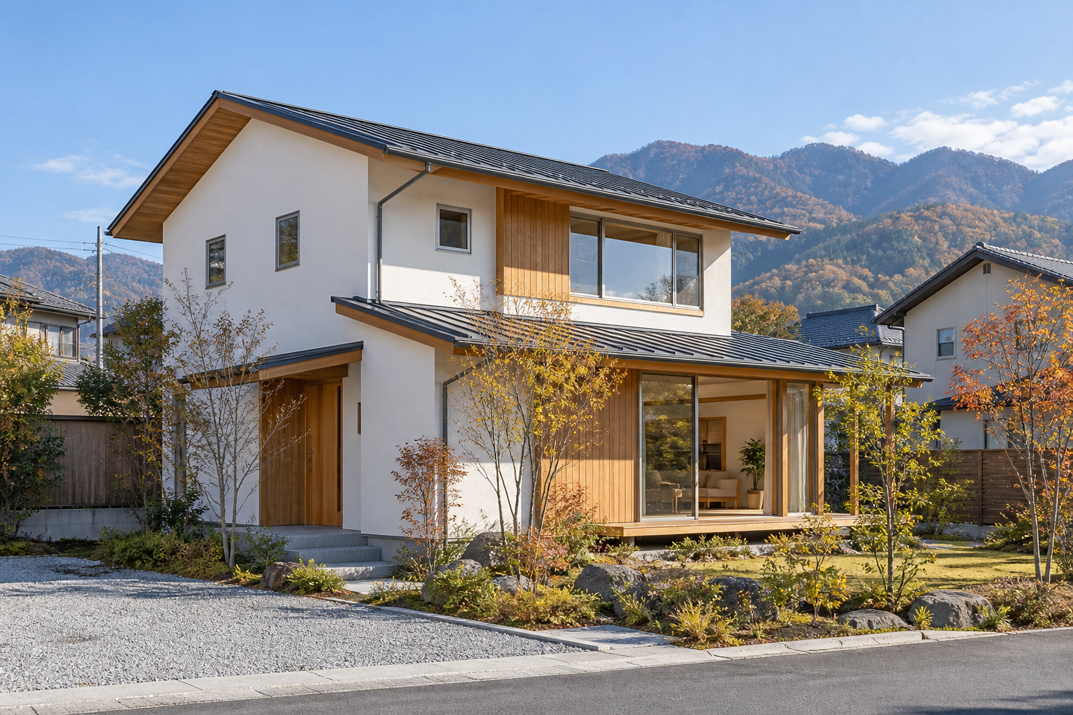 山並みを背景に建つ白壁と木の注文住宅