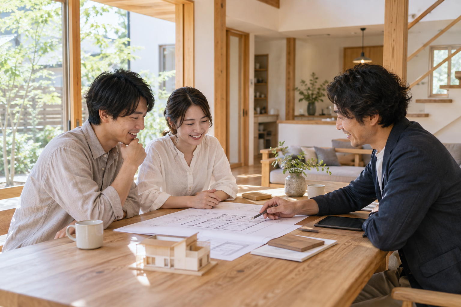 木の家で住まいづくりについて相談するご夫婦