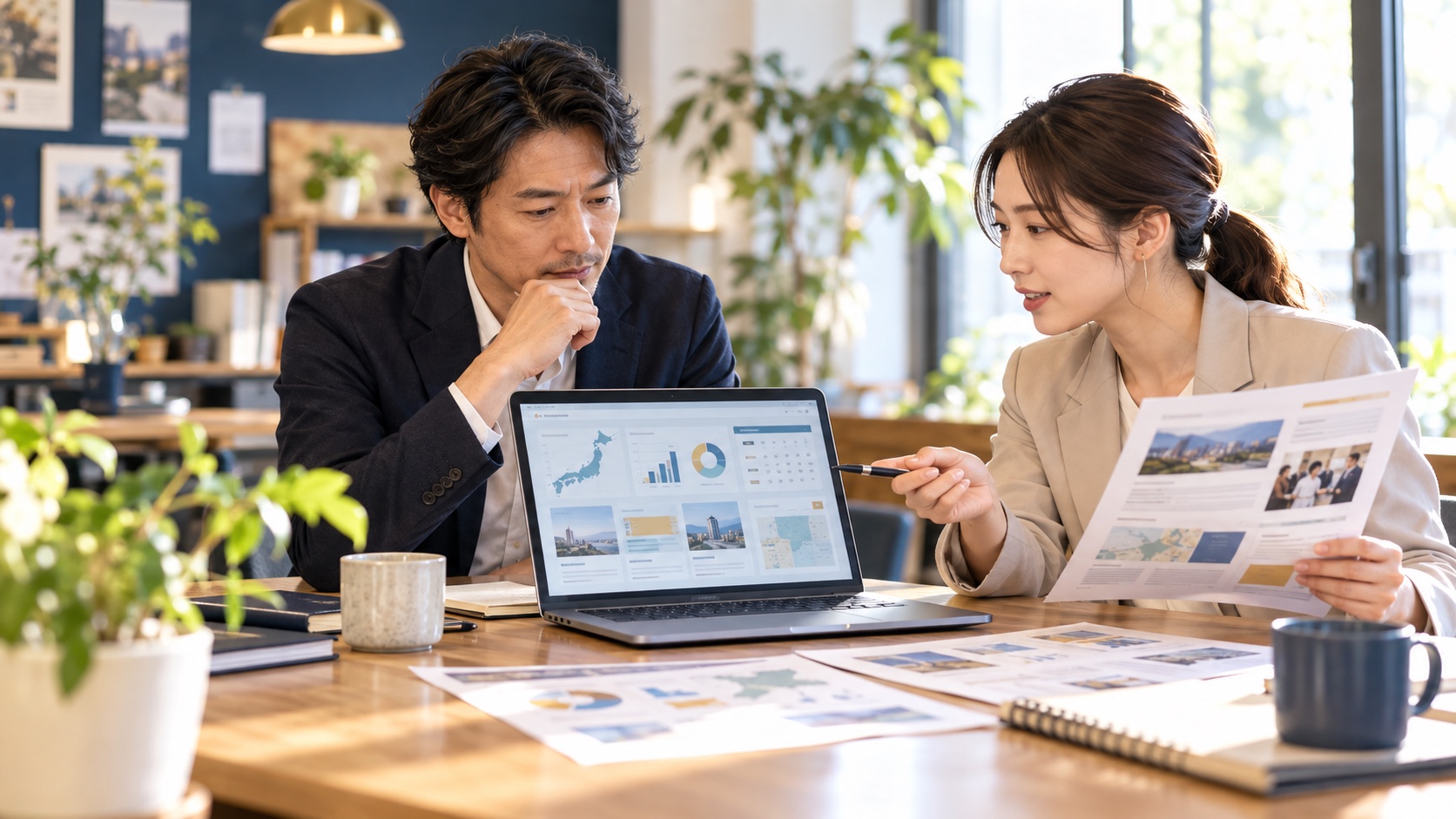 AIで市場情報や競合情報を整理し、経営者と担当者が企画を検討するイメージ（AI生成画像）
