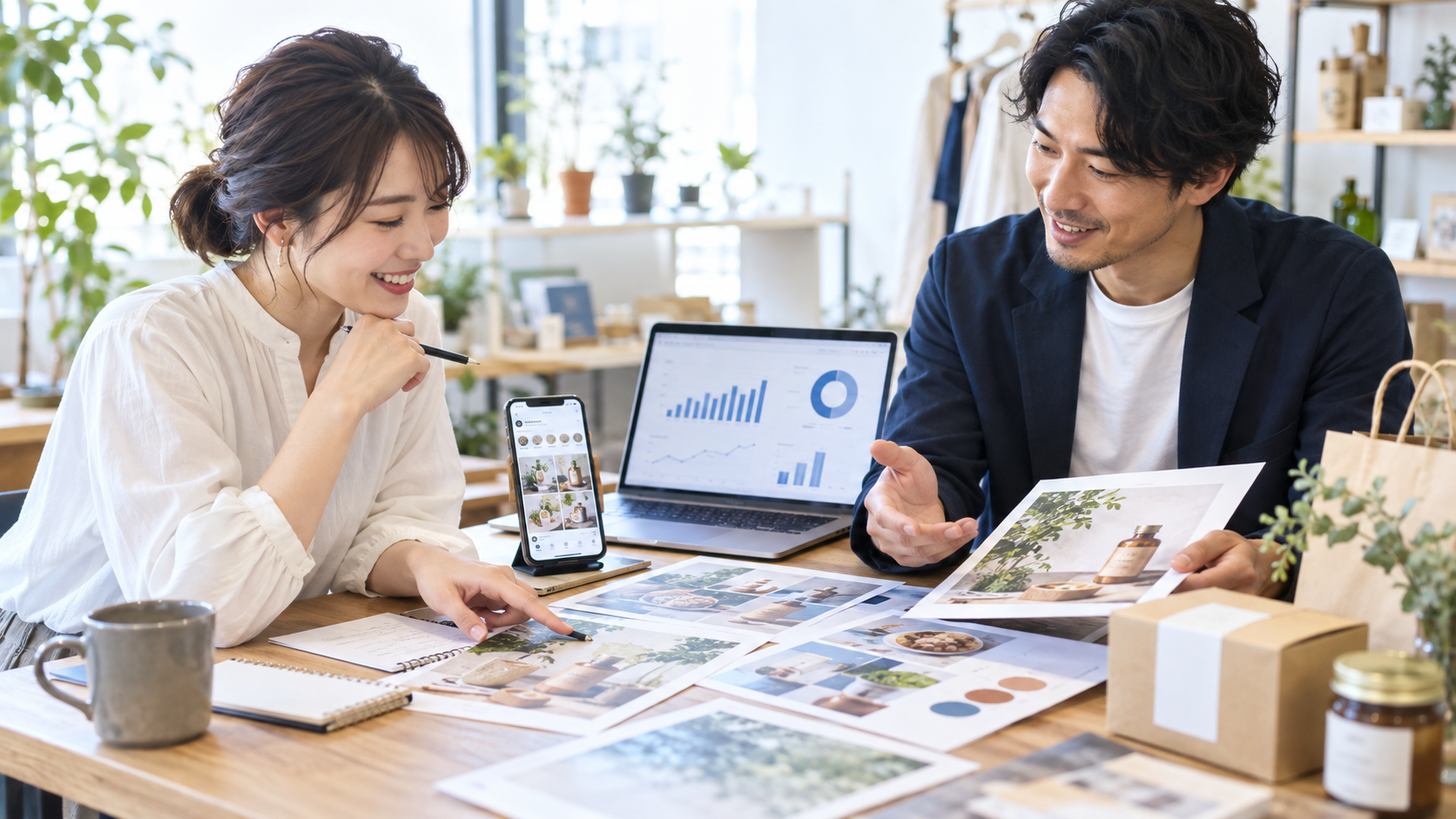 SNS投稿や商品写真、広告分析を見ながら販促施策を検討するチームのイメージ（AI生成画像）