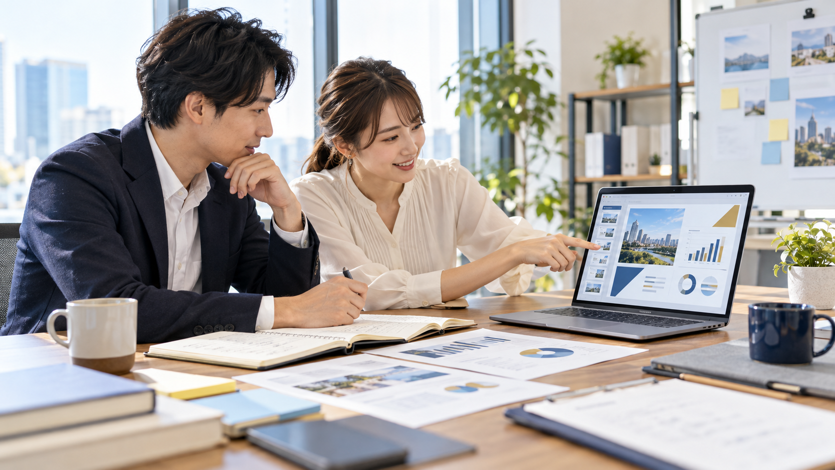 リサーチ資料やグラフを確認しながら、AIを活用したプレゼン資料を作成するチームのイメージ（AI生成画像）