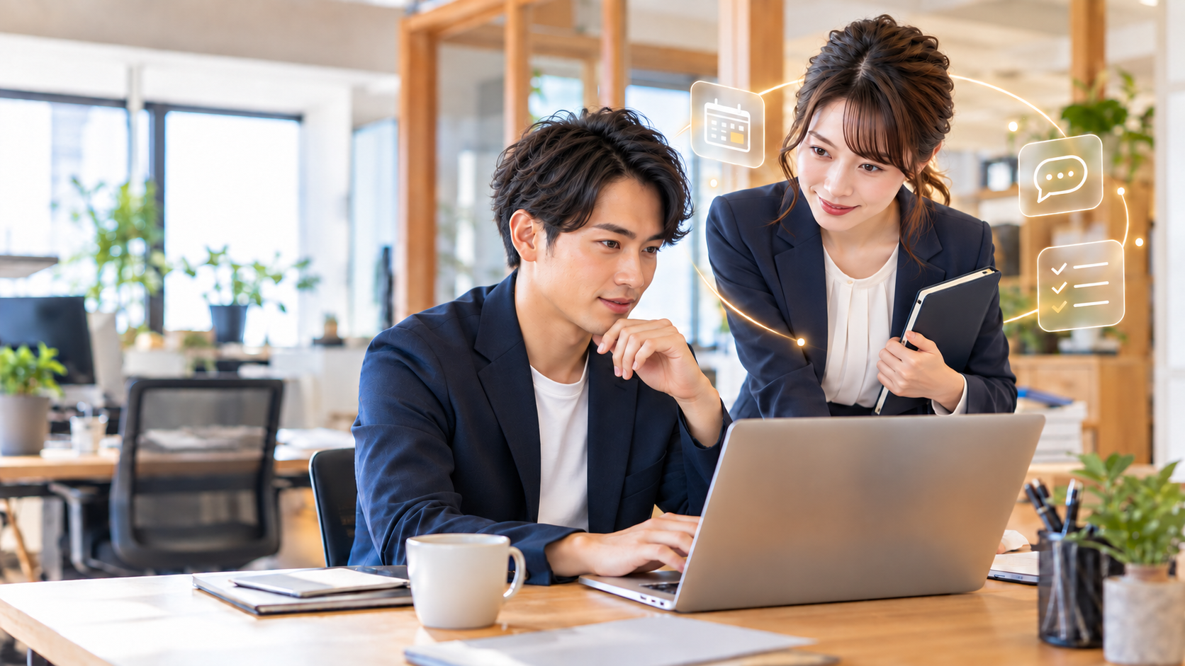 ノートを持つAI秘書と社員が、パソコンを確認しているイメージ（AI生成画像）