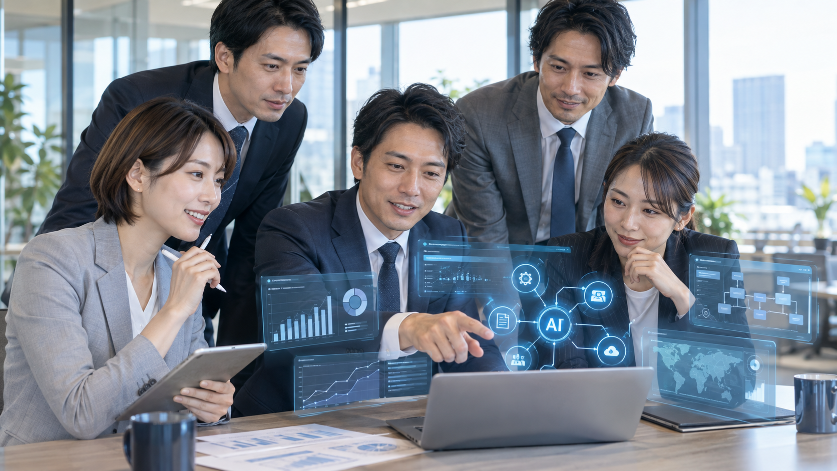 オフィスのチームがAIの分析画面を囲み、改善案を確認するイメージ（AI生成画像）